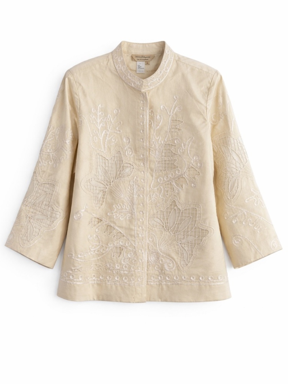 Norm Thompson Silk Embroidered Cut Out Lace Jacket Cream‎ Ivory Mandarin Collar